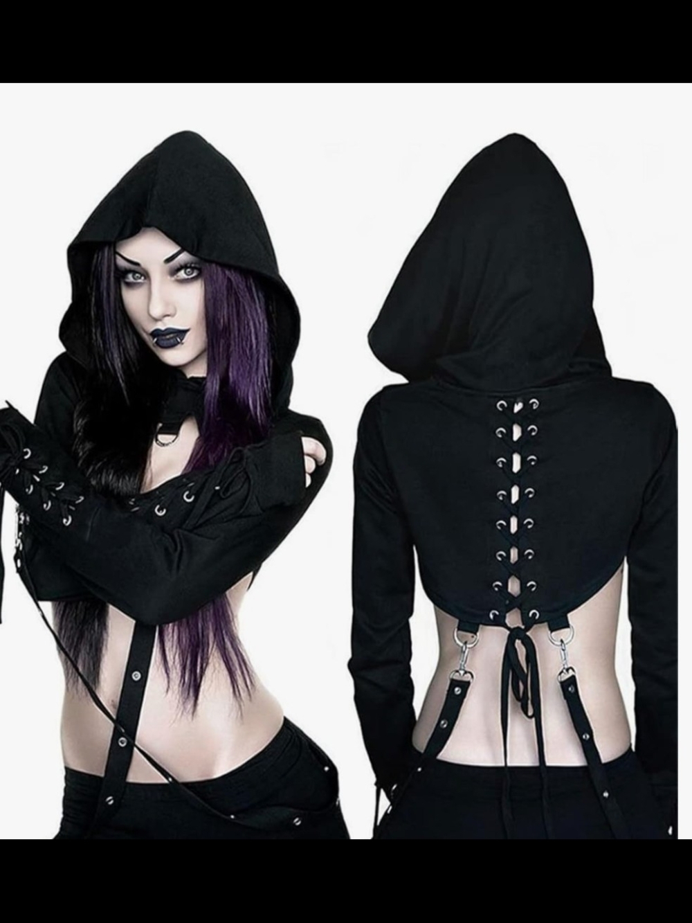 Black Lace-Up Long Sleeve Crop Top with Straps